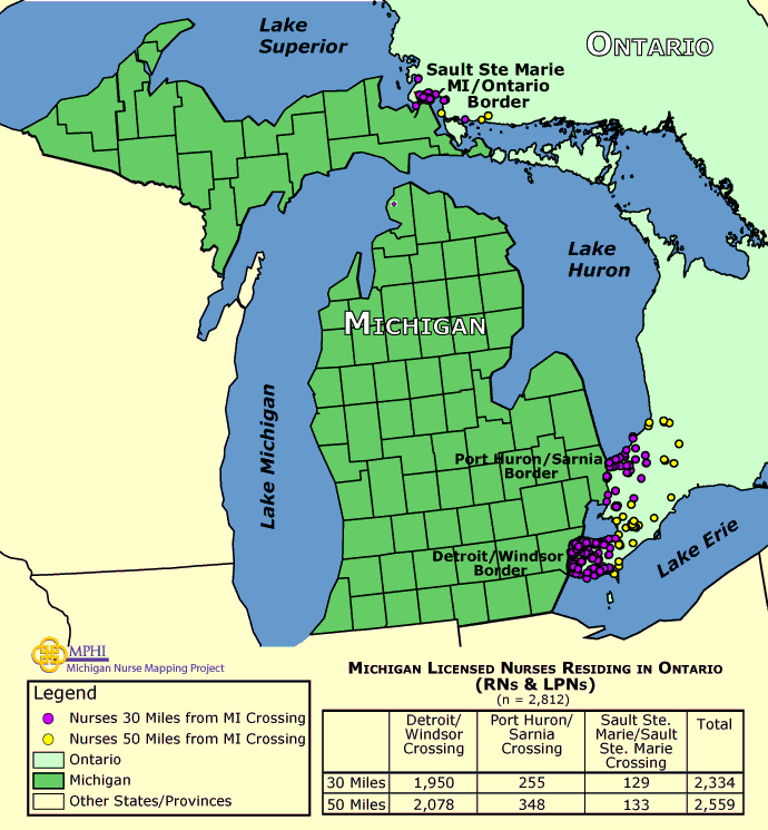 Michigan Canada Border Map Michigan Licensed Nurses Residing In Ontario Canada Michigan Nurse Mapping Project